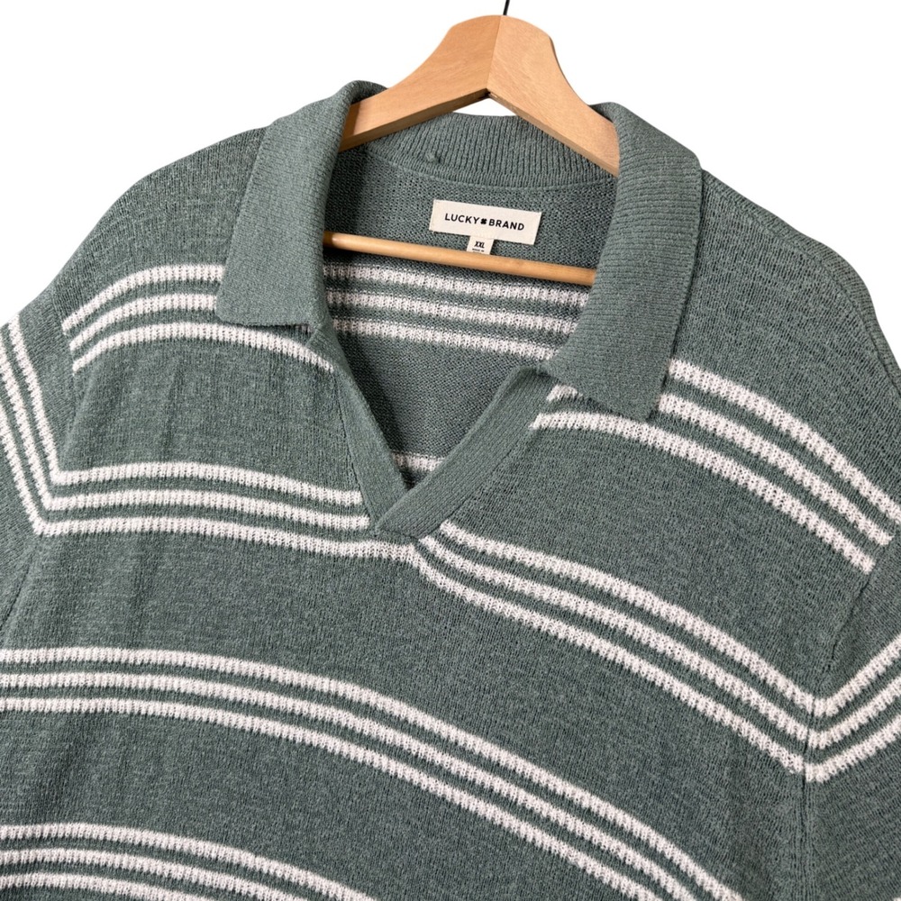 Lucky Brand‎ Mens XXL Sage Green Striped Knit V-Neck Polo Shirt Sweater